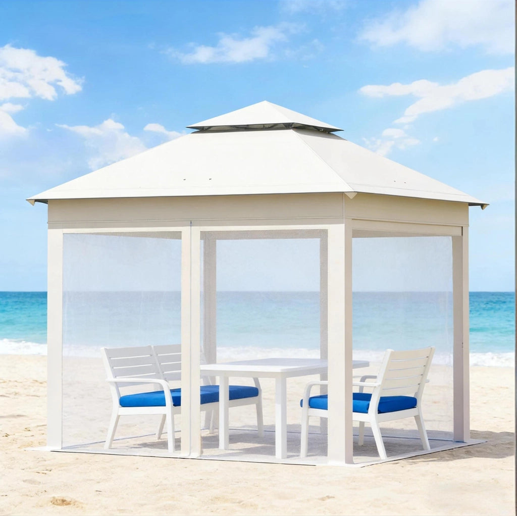 Gazebo pieghevole 3x3 m beige con zanzariere e doppio tetto