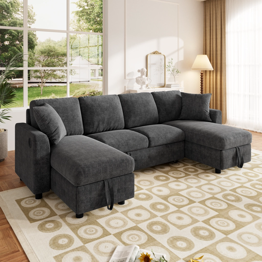DIVANO LETTO a U con funzione estraibile, 260x128x82 cm, grigio scuro, in chenille