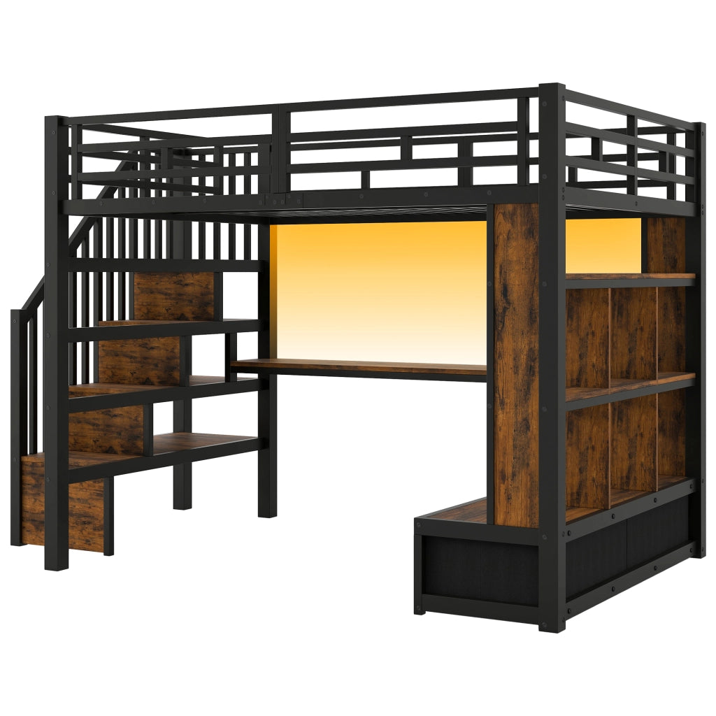 Letto a soppalco 140 × 200 cm con scrivania ripiani due cassetti scala contenitore LED in metallo e MDF nero