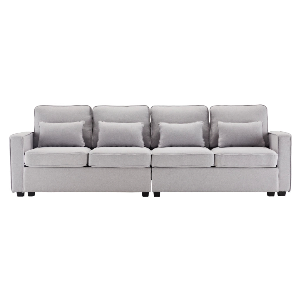 Divano Lineare 4 Posti con Tasche Laterali e 4 Cuscini Lombari, in Lino Grigio 264 × 83 × 87 cm