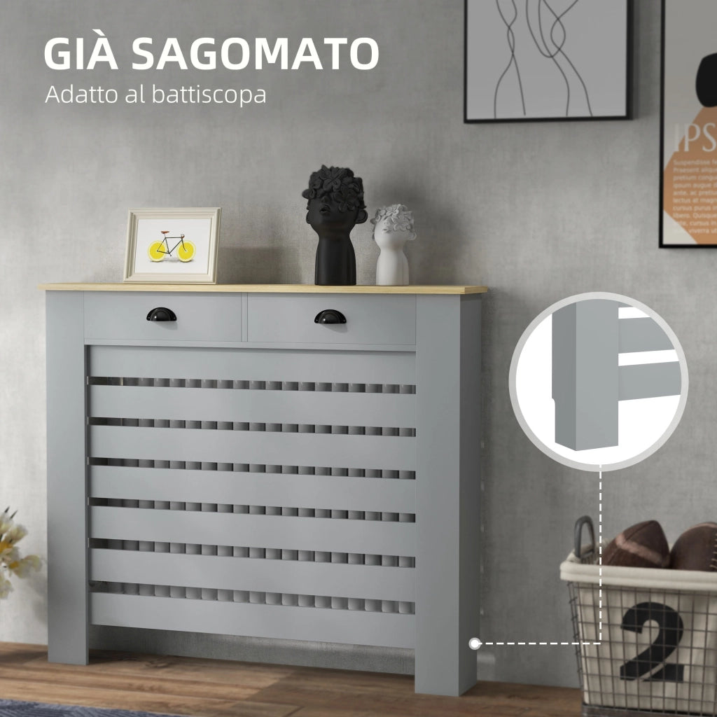 Copritermosifone a Doghe Copricalorifero a Griglia con 2 Cassetti 111x19x95,5 cm in MDF Grigio