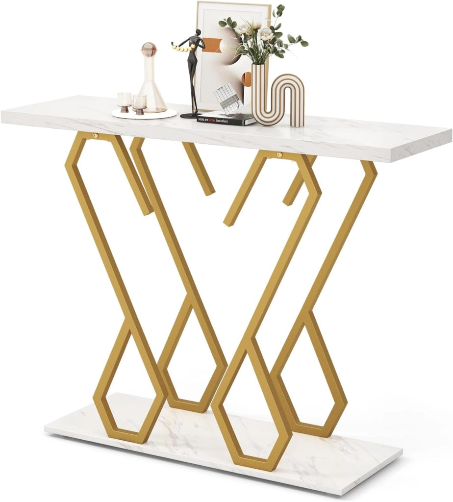 Tavolo Consolle 100cm, Tavolo d'Ingresso con Piedini Regolabili, Kit Antiribaltamento e Struttura in Metallo, Tavolino da Divano per Soggiorno, Ingresso e Corridoio (Bianco e Oro)