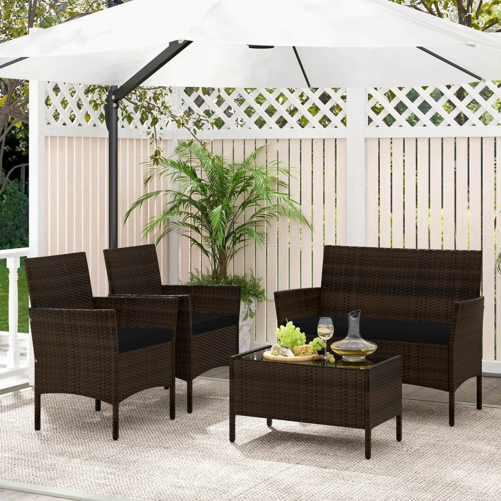 Set da conversazione in rattan per patio 4 pezzi con cuscini morbidi, Mobili da esterno modulari per giardino e veranda Nero