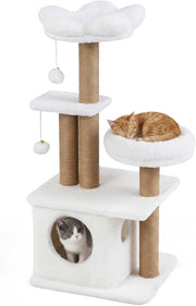 Albero per Gatti, Alberi Tiragraffi Alta 96 cm con Poggiolo Imbottito a Forma di Fiore, Condo Accogliente & Letto per Gatti, 2 Palline con Campanelli Appese & Posti per Graffiare (Bianco)