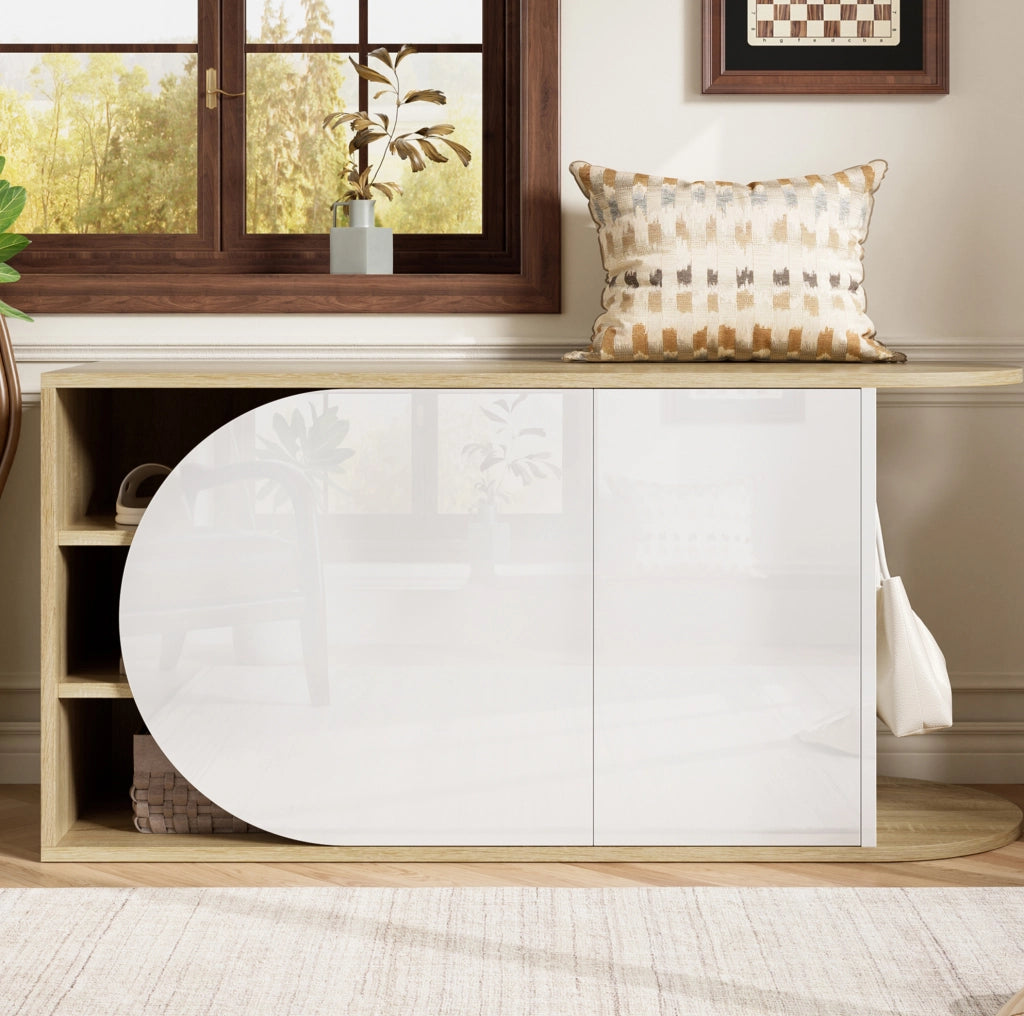 Scarpiera con seduta bianco lucido ed effetto legno 104x37x50 cm