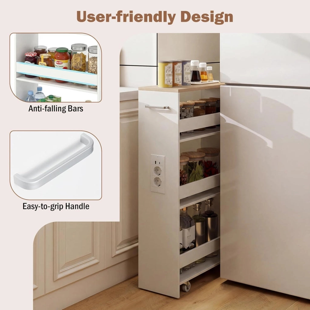 Scaffale per Nicchia da 20 cm di Larghezza, con Base di Ricarica, 4 Piani in Legno su Ruote, Scaffale Sottile per Cucina e Bagno, Carrello a Rotelle (Naturale+Bianco, Largo 20cm, con presa)