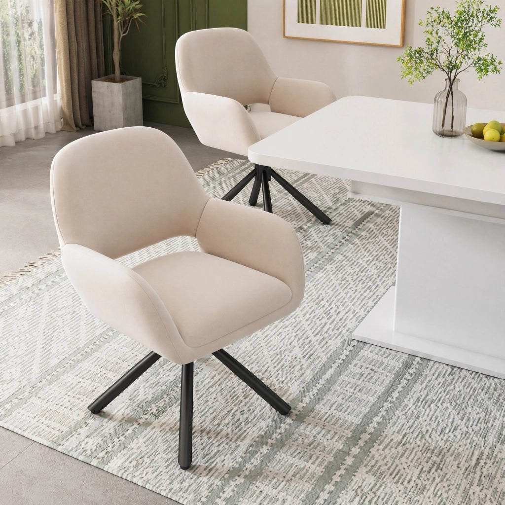 Sedia da Pranzo Girevole con Braccioli, Design Moderno, in Velluto e Metallo, Beige