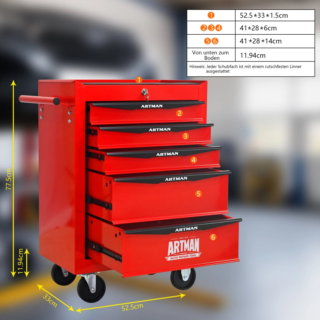 CARRELLO PORTA ATTREZZI 5 CASSETTI 60 x 33 x 77,5 cm Rosso e Nero