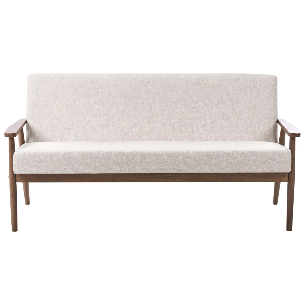 Divano da salotto a 3 posti in tessuto e struttura in legno beige e marrone scuro struttura in legno stile retrò