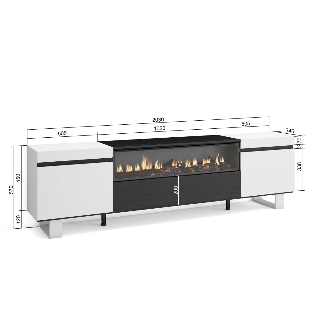 Mobile TV, 200x35x57cm, soggiorno, Per TV fino a 80", Camino elettrico, Design industriale, Bianco e nero RF2170