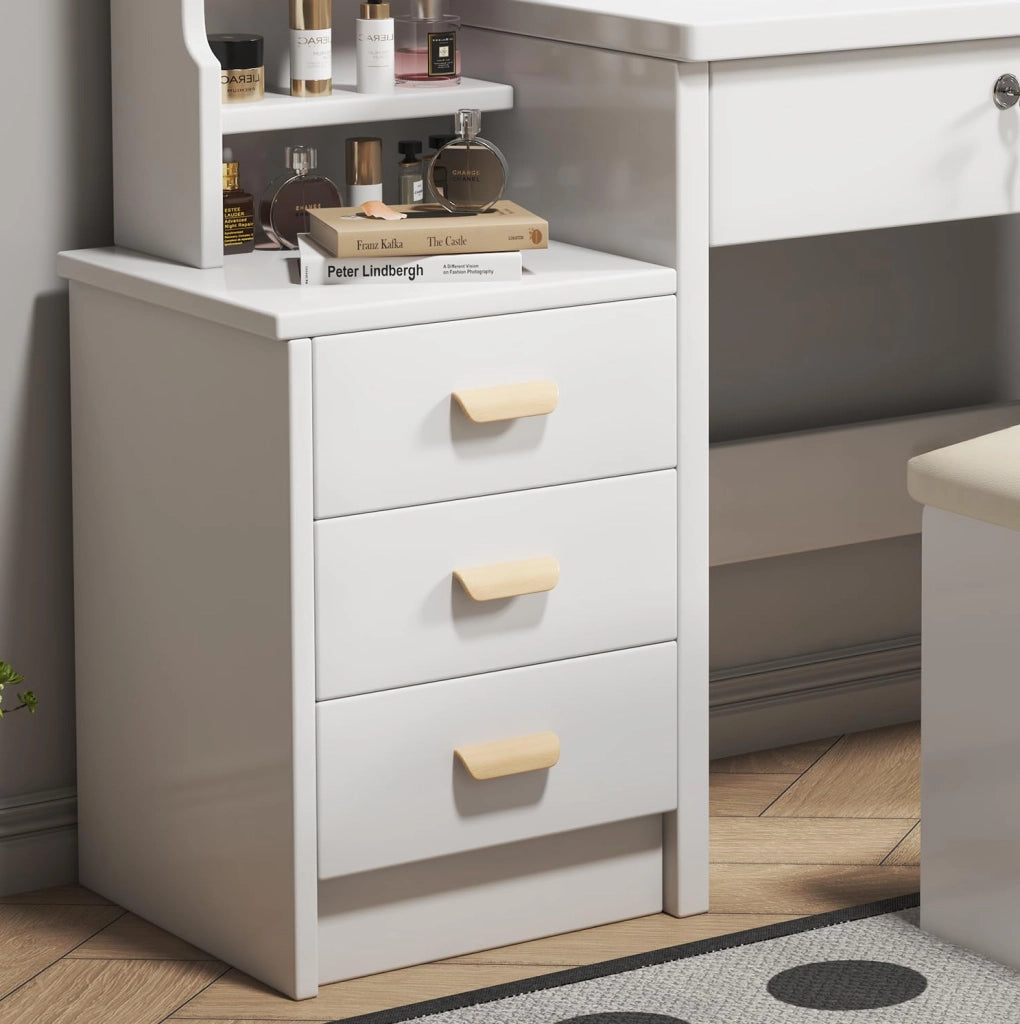 Toeletta con specchio LED; 3 modalità luce; ampio spazio contenitivo; bianca in MDF