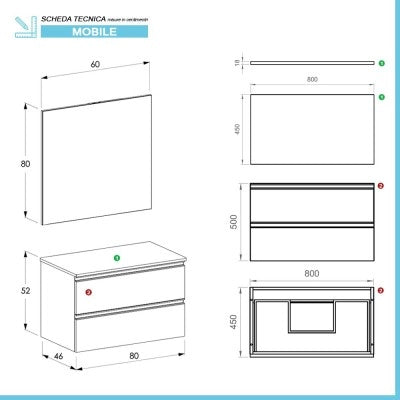 Mobile bagno sospeso 80 cm rovere miele con top e specchio tondo Master