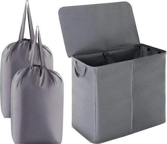 Due Cestelli per Lavatrice - 105L con Coperchio e Sacchi Lavatrice Rimovibili - Grande Cestello a Scomparti per Bagno e Camera da Letto - Grigio