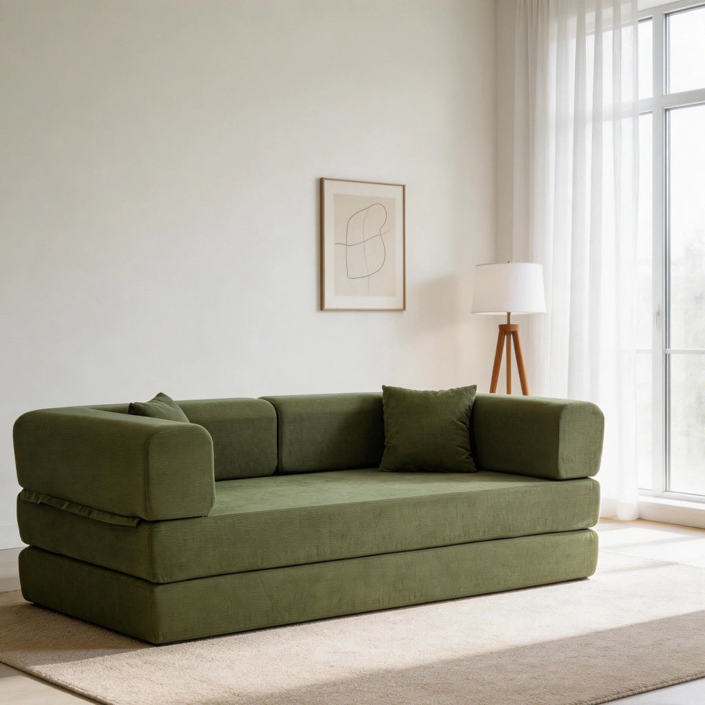 Divano Letto Pieghevole con Cuscino Cilindrico ¨C Xylo ¨C Verde, Velluto a Coste