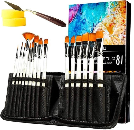 Set di Pennelli Professionale da 18 pezzi con Palette e Spugna - Capelli a Punta Ronde in Nylon - Pennelli Acrilici per Pittura Acrilica Aquarello Olio - Artigianato per Tutti
