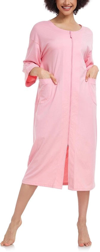 Camicia da notte per donna con cerniera, 100% cotone, camicia leggera, notte da donna, lunga con tasche, taglia M-XXL (rosa, M)