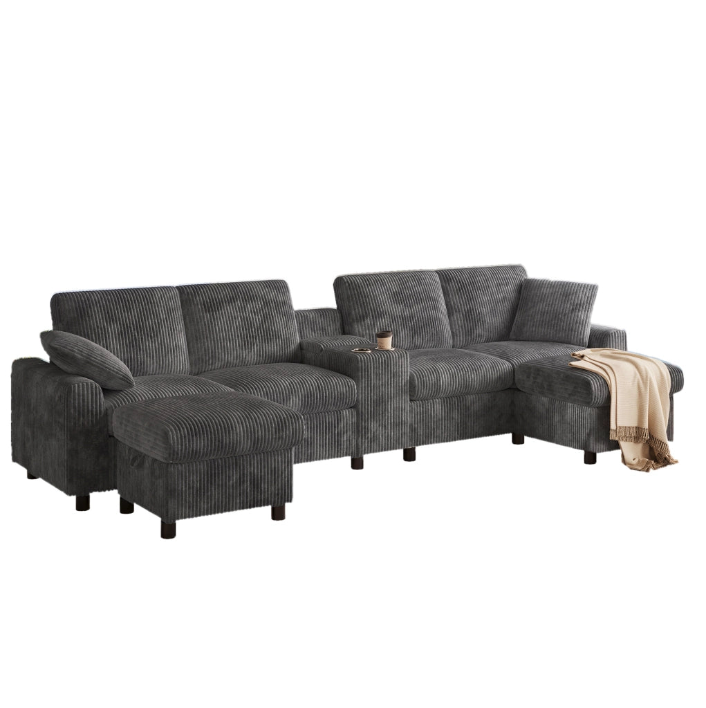 Divano a U in velluto a coste grigio con 2 pouf contenitore; tavolino e porte USB/Type-C