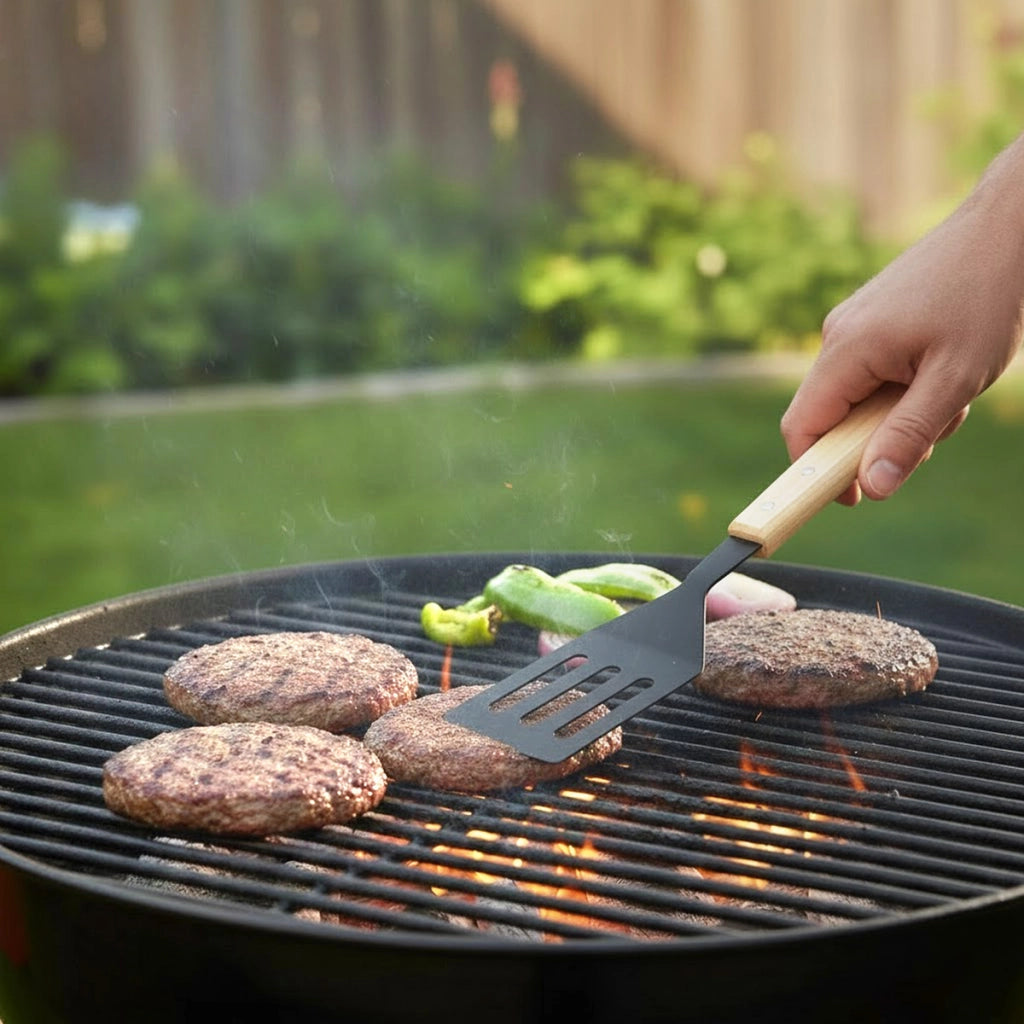 Spatola per Barbecue in Acciaio Inossidabile con Manico in Legno di Quercia 41cm Nero / Beige BBQ