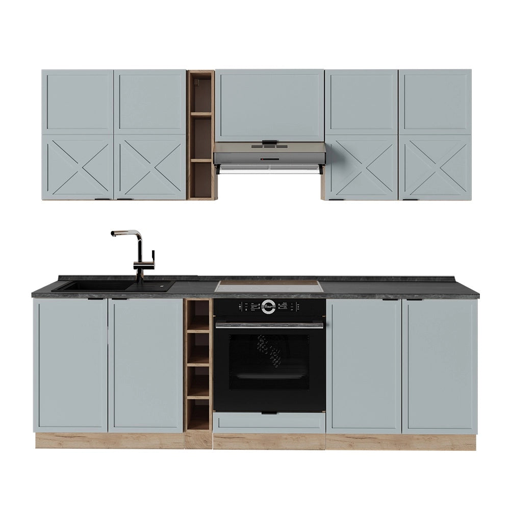 Cucina componibile Fame-Line Blu-grigio chiaro/Rovere dorato 235 cm, PL Antracite Vicco
