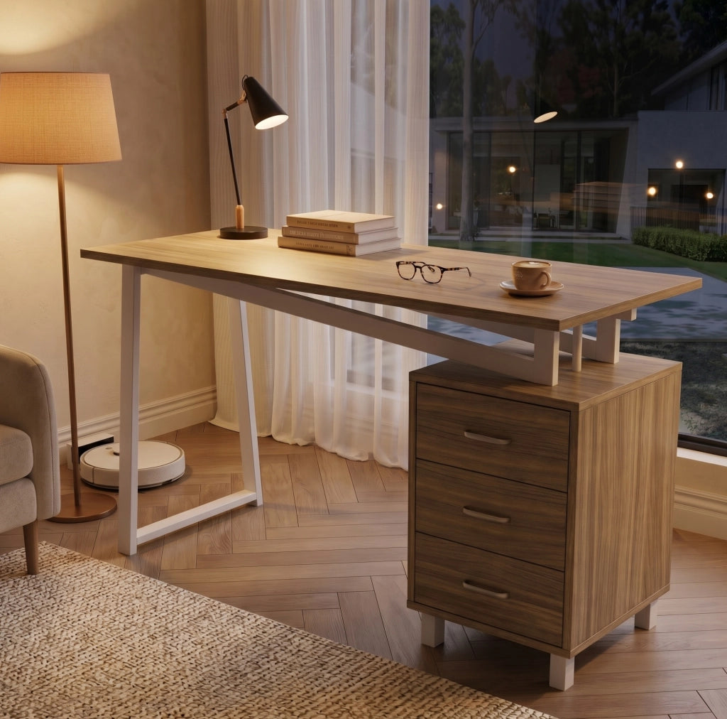Scrivania 130x55x75 cm con 3 cassetti; struttura stabile in MDF e acciaio; naturale e bianco