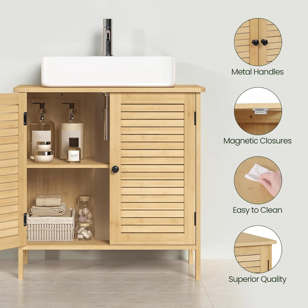 Armadio Sottolavabo in Bambù per Bagno, Organizzatore per Accessori da Bagno, Resistente all'Umidità, Traspirante, con Sifone 20x10 cm, Ripiano Regolabile, 60x30x60 cm