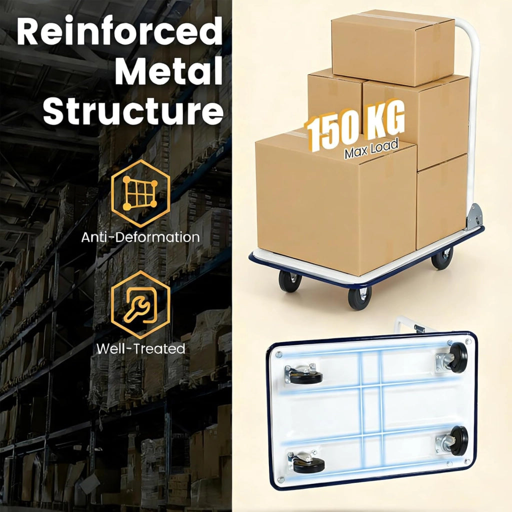 Carrello Pieghevole con Ruote, Carrello a Piattaforma da Transporto, Capacità 150 KG, con Piattaforma Antiscivolo, per Trasporto, Movimentazione, Demenagement, 73 X 48 X 83 CM (Blu+Bianco)