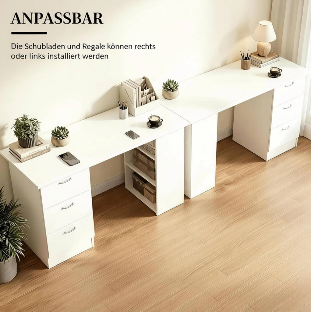 Scrivania per computer in MDF bianco 120x49x72 cm con 3 cassetti e ripiani regolabili