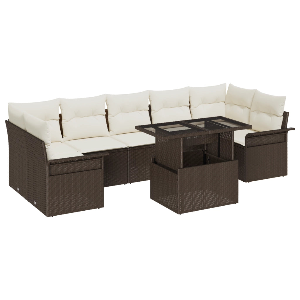 Set di Divani da Giardino 8 Pezzi con Cuscini Marrone Polirattan