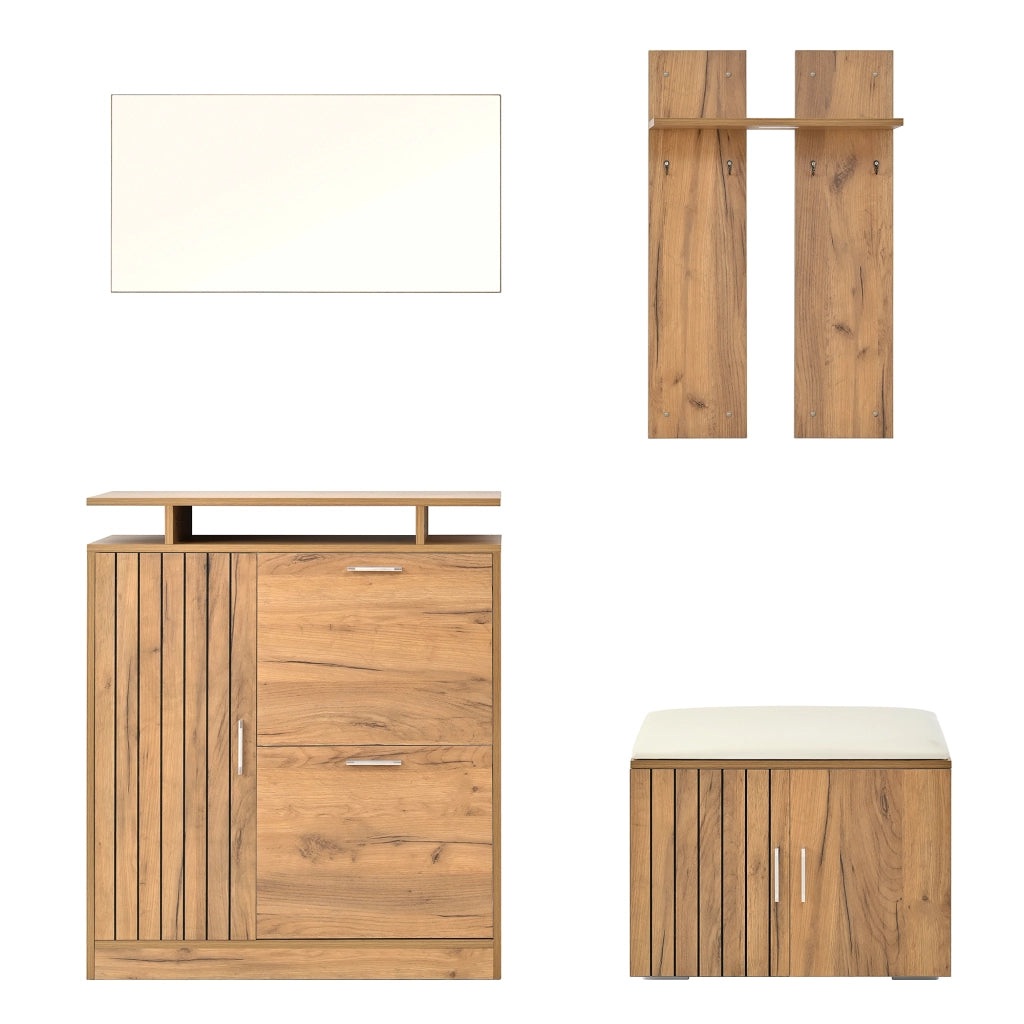 Set guardaroba da ingresso con panca, scarpiera, specchio e 4 ganci, finitura naturale, 140¡Á35¡Á133 cm