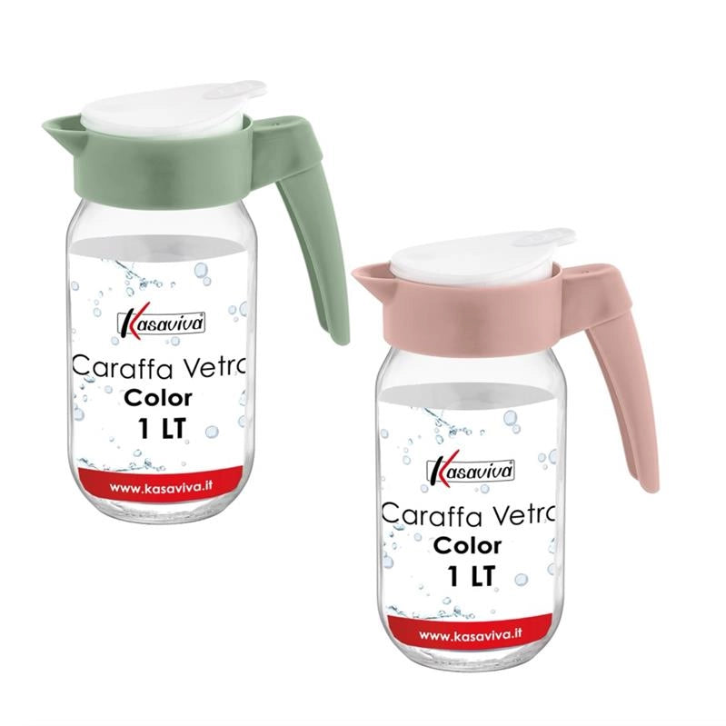 KIT SET 2 PZ CARAFFA IN VETRO TRASPARENTE CON TAPPO COLORATO E CAPIENZA DA 1 LT