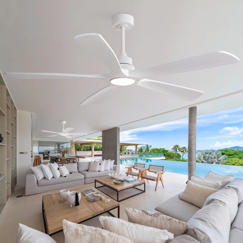 Ventilatore da soffitto da 60 pollici con luce LED e telecomando; 5 pale in legno; bianco