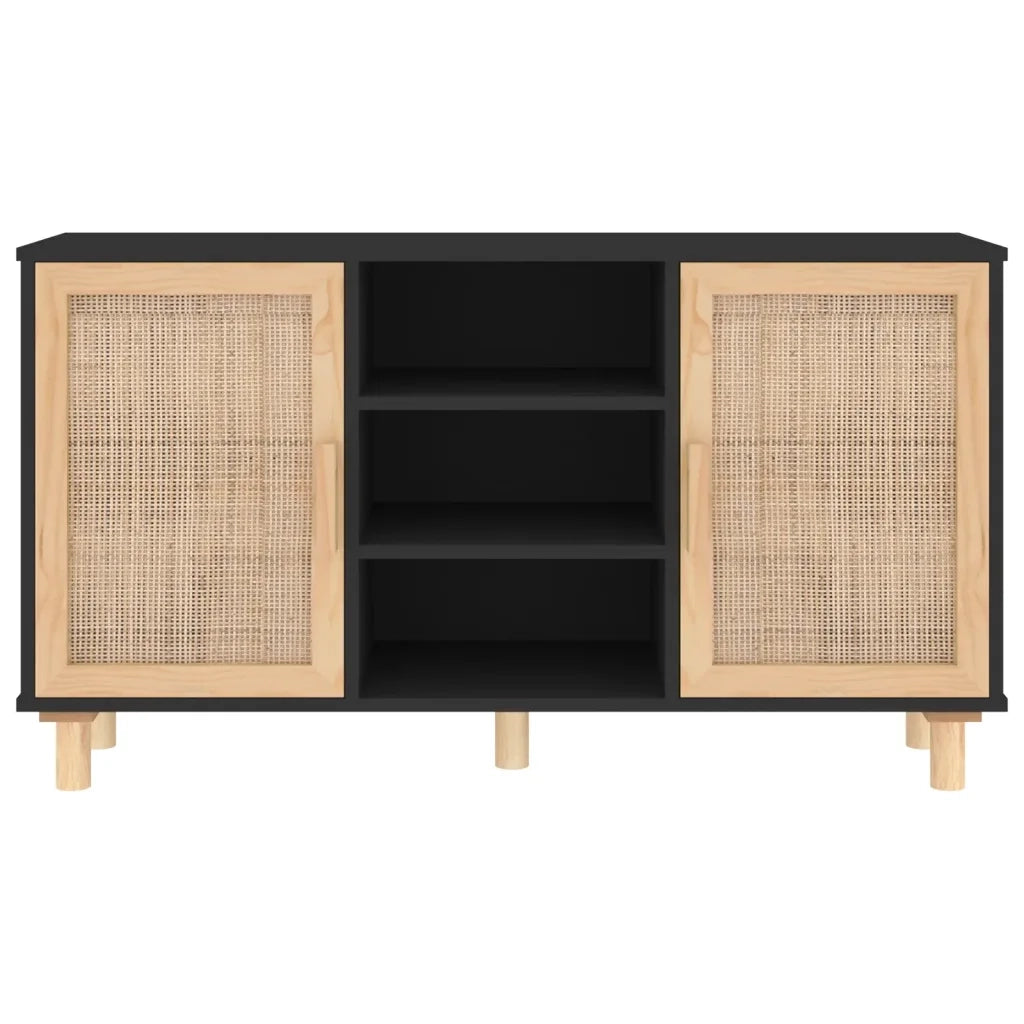 Credenza Nera 105x30x60cm Legno Massello Pino e Rattan Naturale 345640