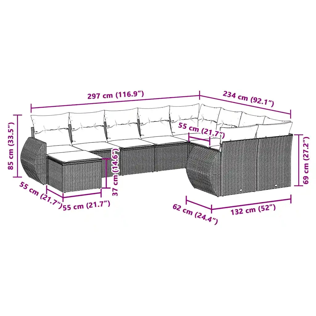 Set Divano Giardino 10 pz con Cuscini Grigio Chiaro Polyrattan