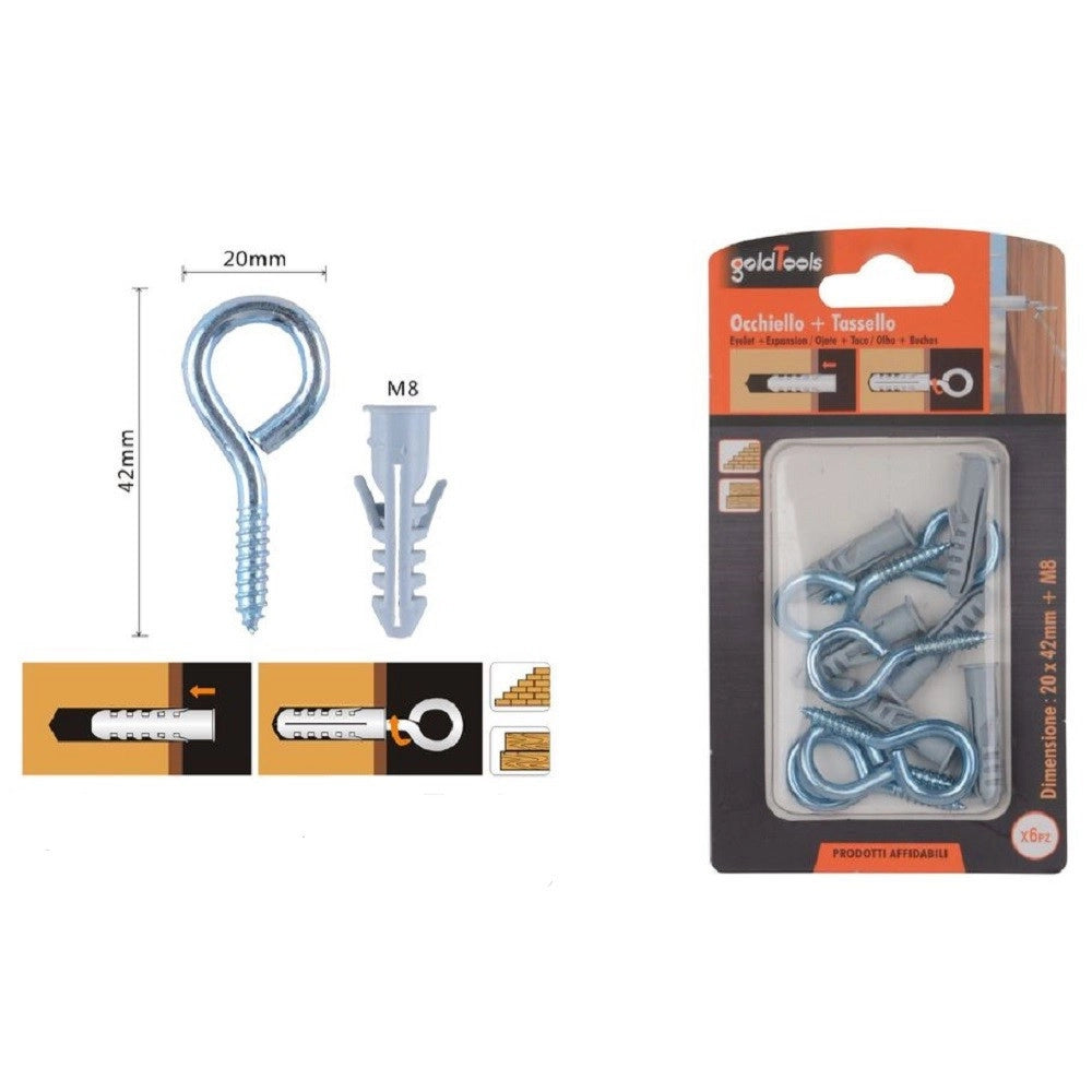 Trade Shop - Set 6 Pz Vite A Occhiello Chiuso 20x42mm + Tasselli Con Alette Tassello M8 90727 -