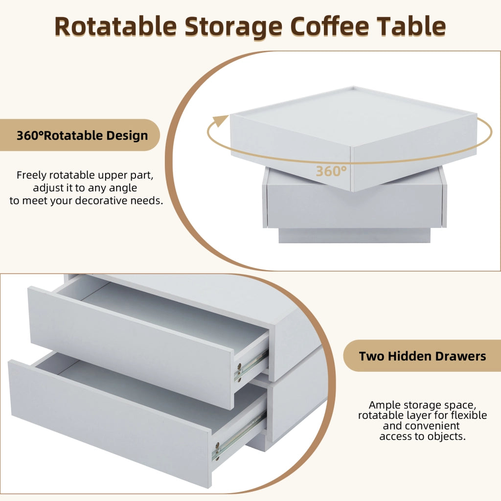 Tavolino da caffè con piano girevole a 360° e 2 cassetti per soggiorno bianco 60×60×38 cm