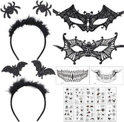 Accessori di costume Halloween - Fascia da pipistrello - Maschera occhi a ragno - Maschera a righelli - Adesivi labbra - Adesivi tatuaggi - Materiale di alta qualità - Accessori da festa