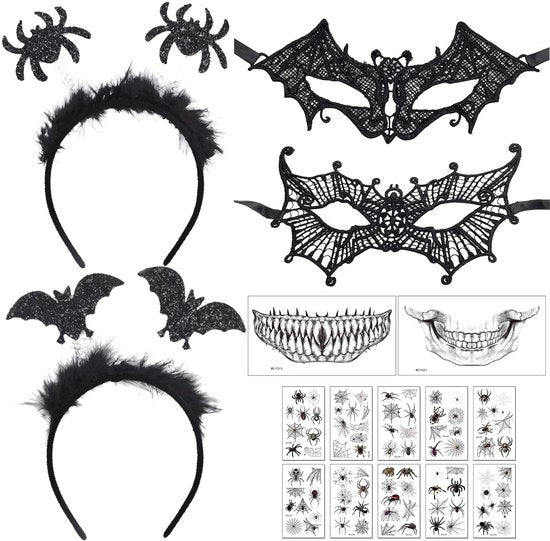 Accessori di costume Halloween - Fascia da pipistrello - Maschera occhi a ragno - Maschera a righelli - Adesivi labbra - Adesivi tatuaggi - Materiale di alta qualità - Accessori da festa