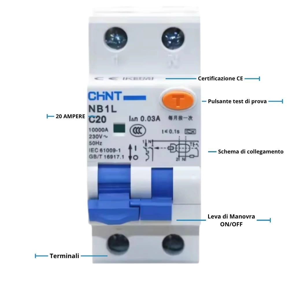Chint serie nb1l1 interruttore magnetotermico differenziale 1p+n alta protezione *** ampere 20 ampere, confezione 1