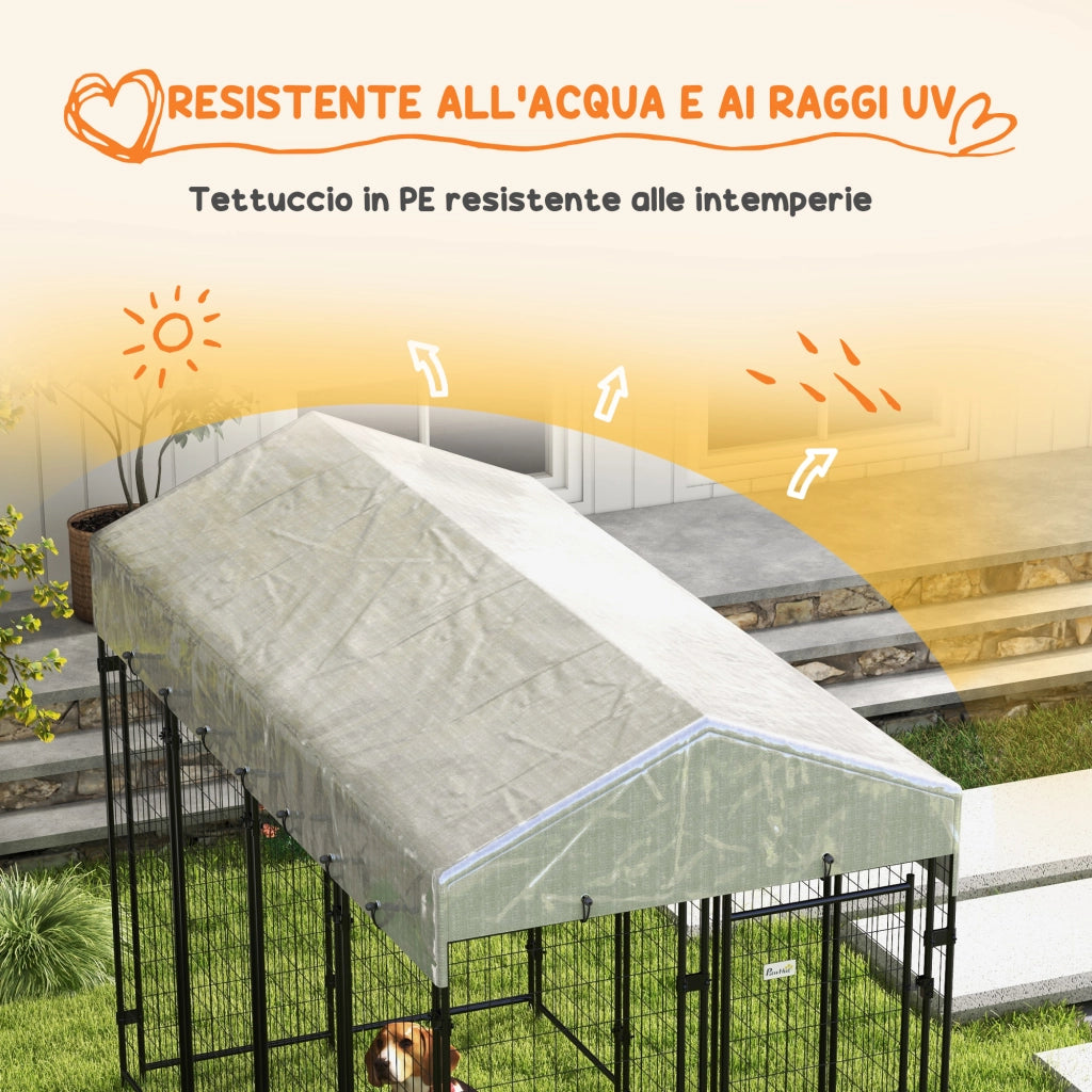 Recinto per Cani da Esterno con Tetto e Porta ¨C Minimal ¨C Argento Metallo 239x121x183 cm