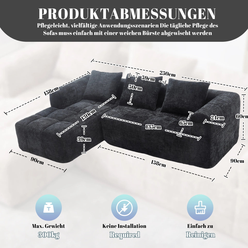 Divano modulare a L, 3 posti, tessuto chenille nero, con chaise longue e braccioli, 3 cuscini inclusi