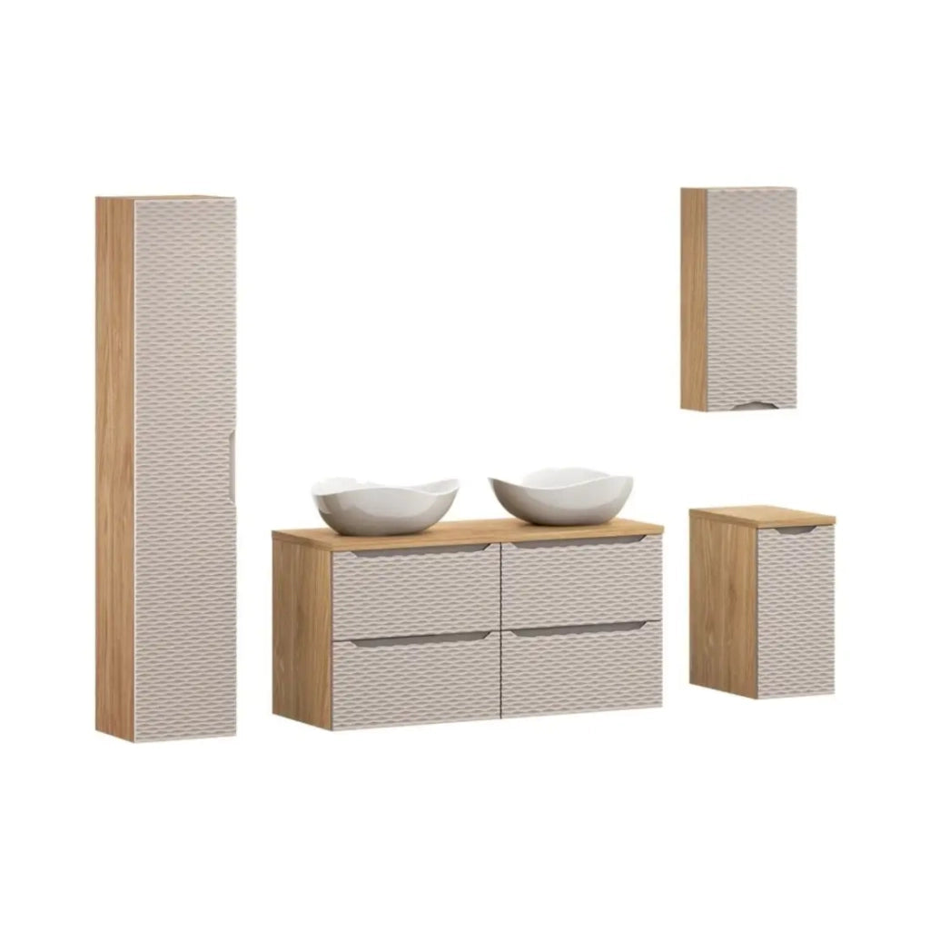 Set da bagno YOKA beige: 2 mobili sottolavabo da 60 cm + 2 lavabi + 1 colonna e 2 mobili contenitori