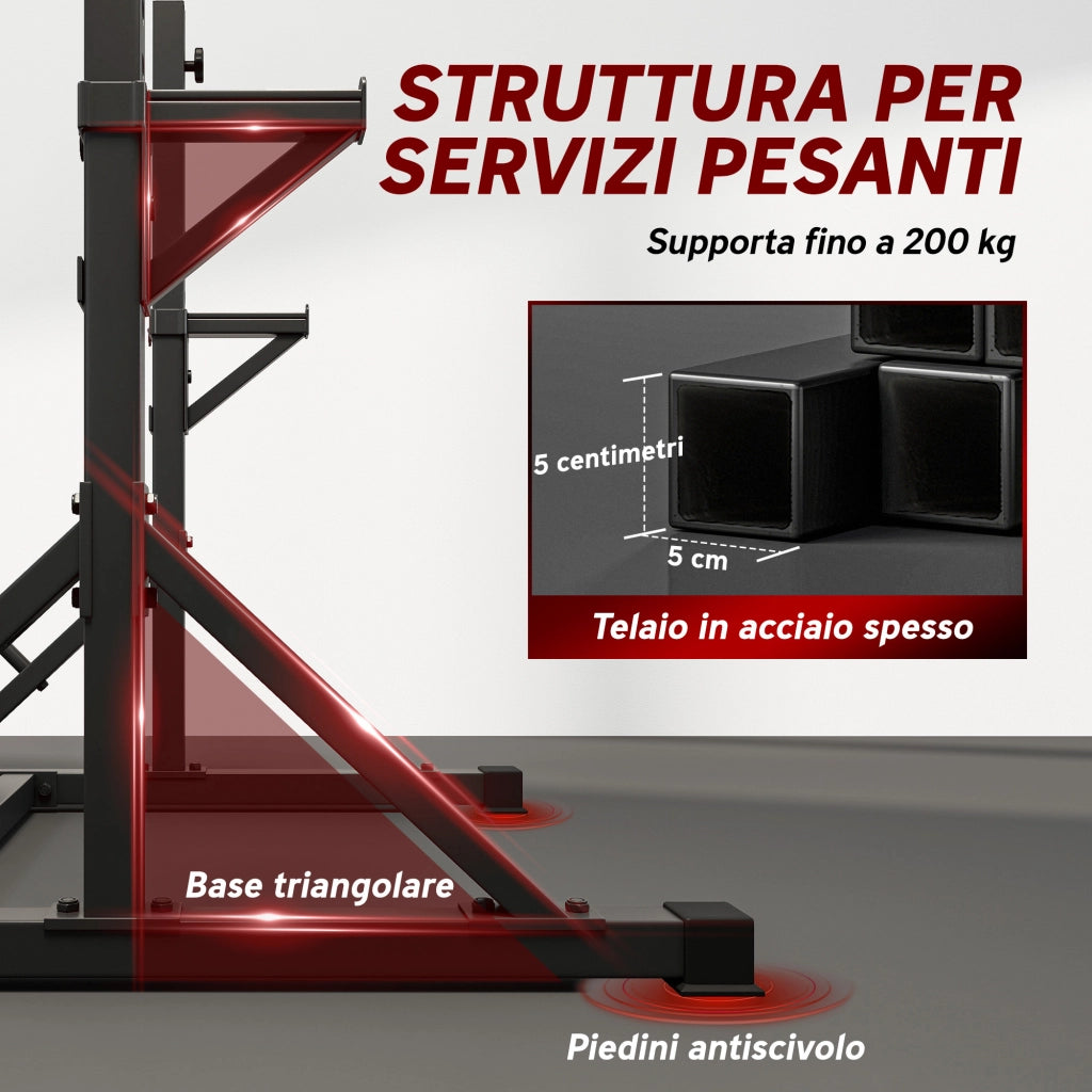 Stazione Multifunzione Squat Rack e Bilanciere 112x100x217 cm con Altezza Regolabile in Acciaio Nero