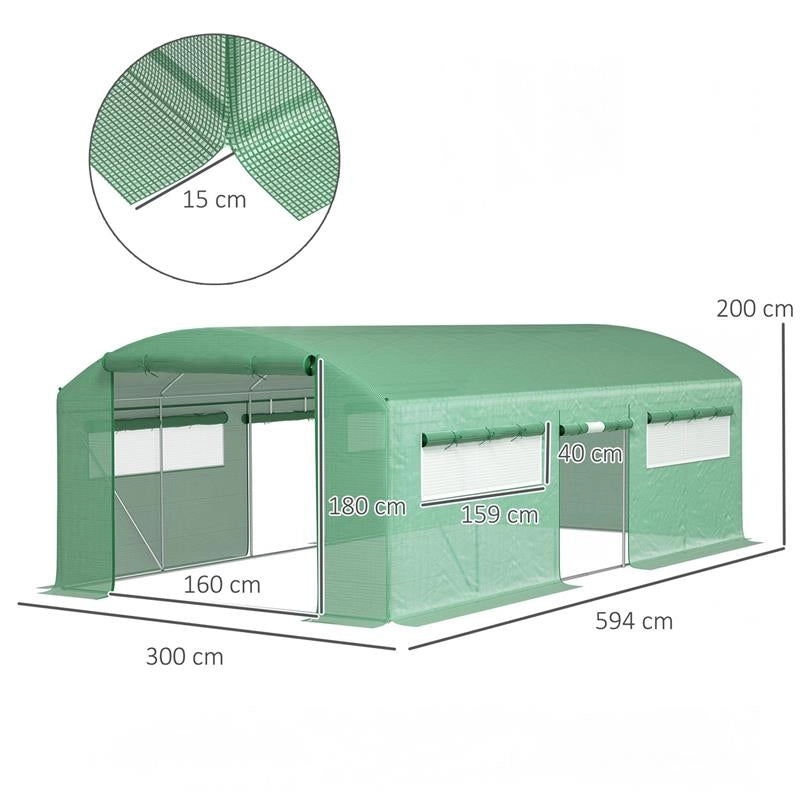 SERRA A TUNNEL CON 3 PORTE AVVOLGIBILI E 6 FINESTRELLE, IN ACCIAIO ZINCATO E PE, 6X3X2 M, VERDE