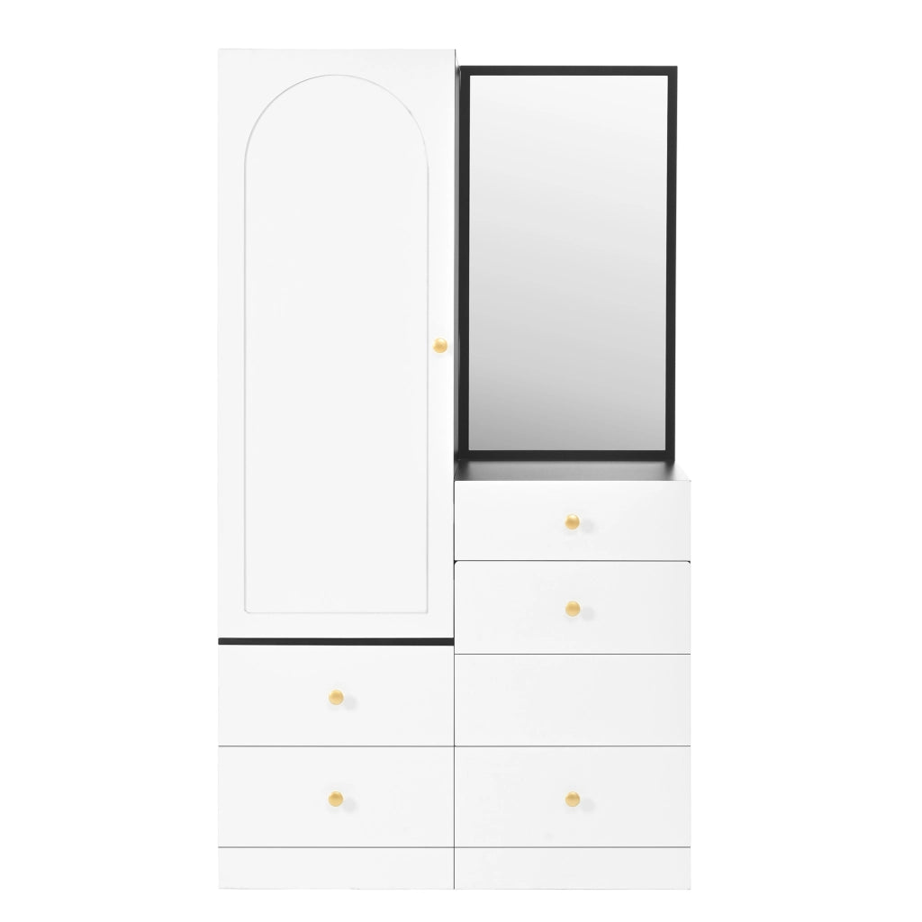 Toeletta con armadio laterale; specchio a figura intera; cassetto compartimentato e sgabello estraibile per camera; 90 × 50;5 × 160 cm
