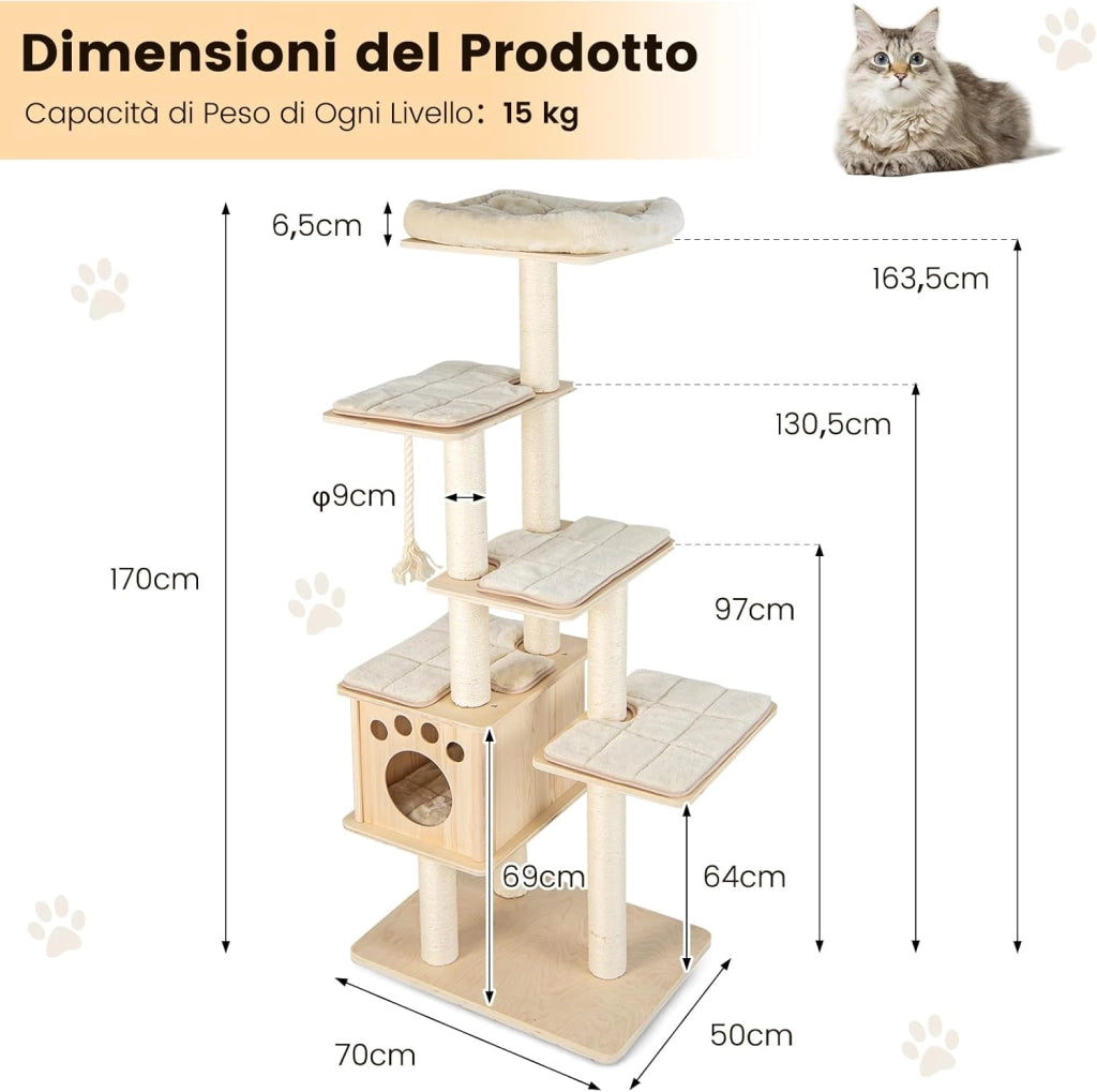 Albero Tiragraffi per Gatti Moderno 170 CM, Tiragraffi per Gatti Multistrato con Trespolo, Superiore Nicchia in Legno, Pali, Tiragraffi in Corda di Sisal e Piattaforme