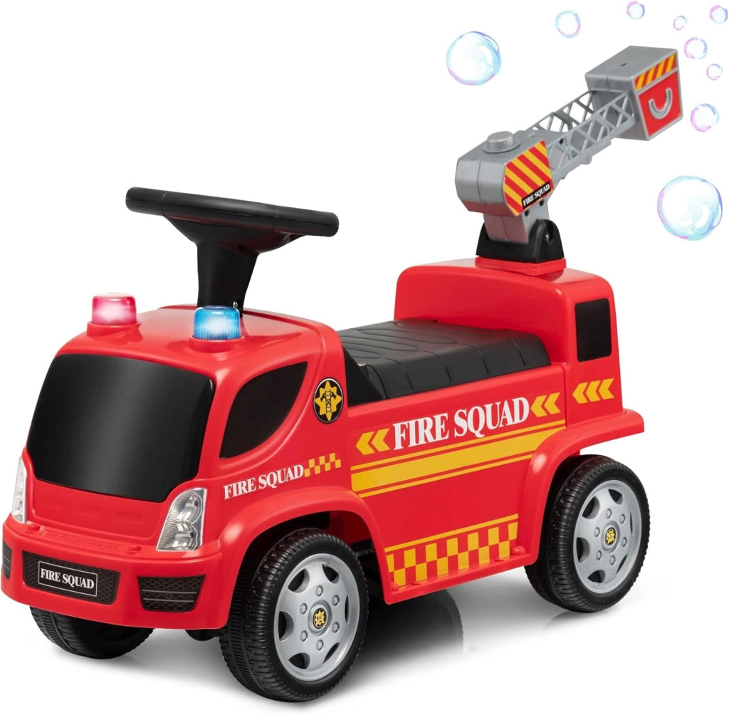 Camion dei Pompieri per Bambini, con Macchina a Bolle Fari Allarme e Musica, Macchinina Cavalcabile a Spinta per Bambini 18-36 Mesi (Rosso,2)