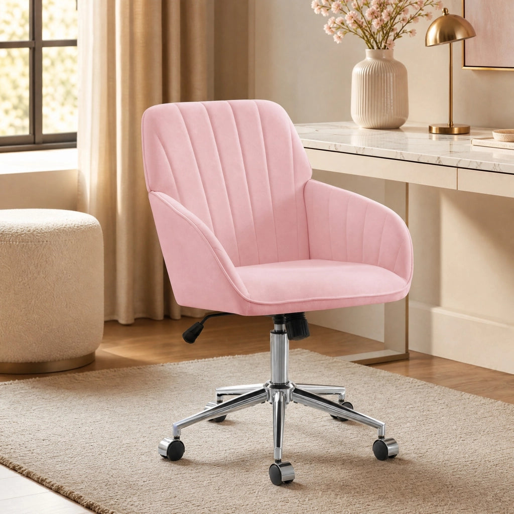 Sedia da ufficio girevole ergonomica con altezza regolabile seduta imbottita e ruote in velluto rosa per casa e studio