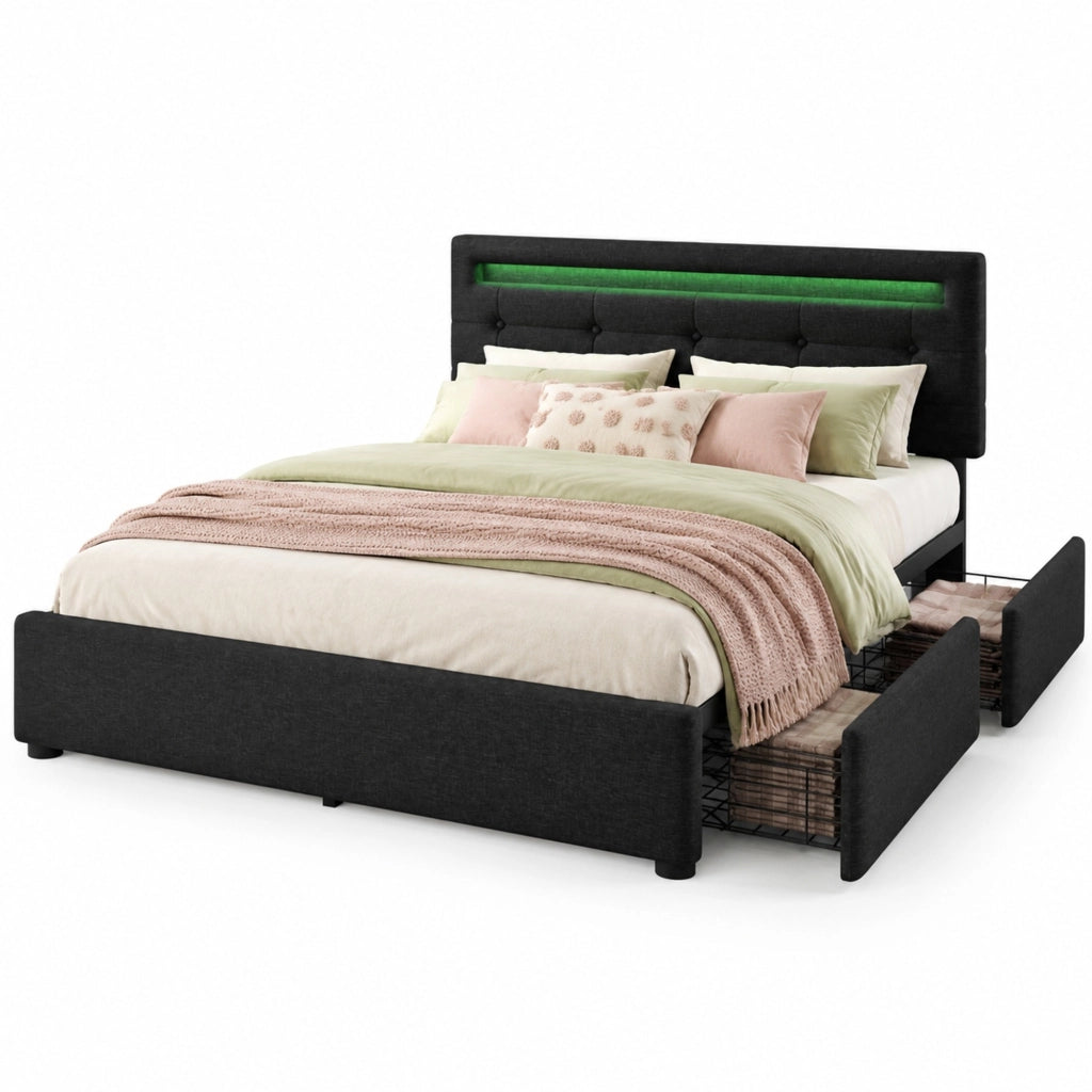 Letto matrimoniale 140x200 cm con LED, 4 cassetti, testiera regolabile e rete a doghe in legno, nero