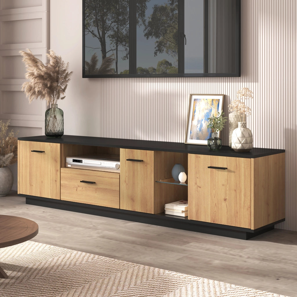 Mobile TV con 3 Ante; 1 Cassetto; 2 Vani a Giorno e LED 16 Colori; MDF; Nero e Effetto Legno; 180??37??45 cm