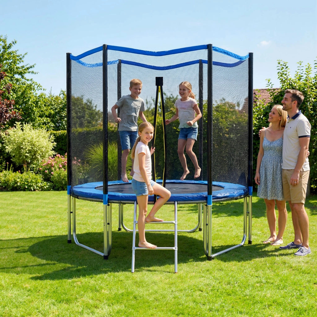 Trampolino Ø244 x 240A cm Rete di Protezione e Scala per Accesso in Acciaio e PP Blu